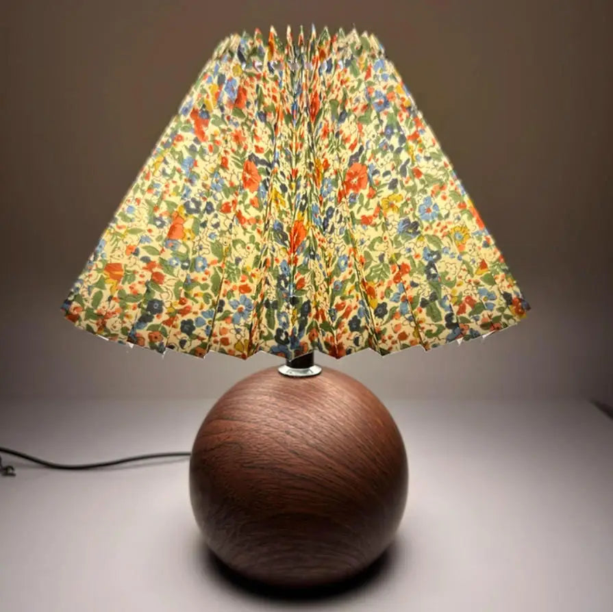 LED Bedside Table Lamp Cute Small Pleated Lamps for Nightstand Circular Walnut Ambient Light USB Bedroom Decoration Night Light