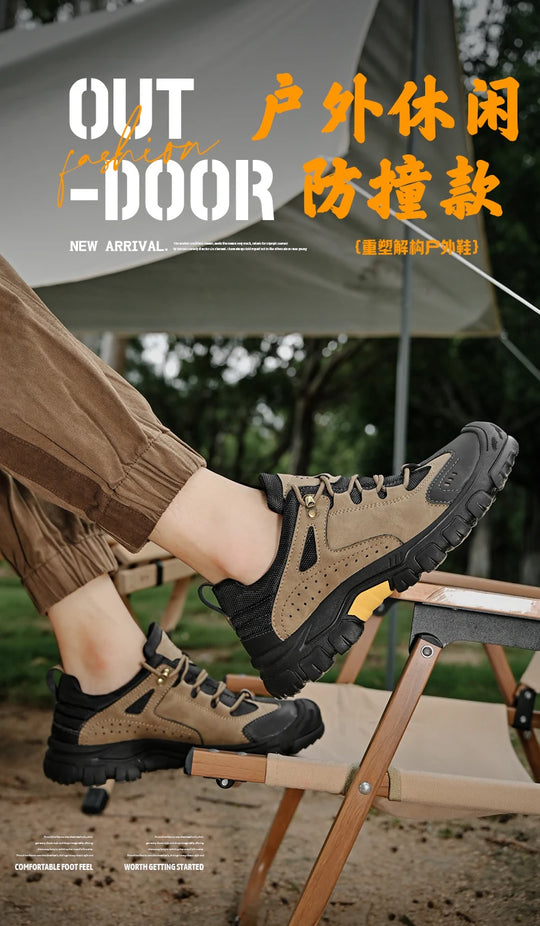 Men's Leather Outdoor Lace Up Anti Slip Sports Shoes Comfortable  Lightweight Hiking Shoes Casual  Breathable Hiking Shoes