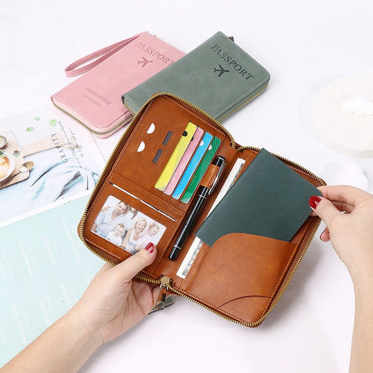 Unisex Men Women Zipper Travel Multi-Function Passport Holder Cover Case Wallet PU Leather Ticket Protective Travel Accessories