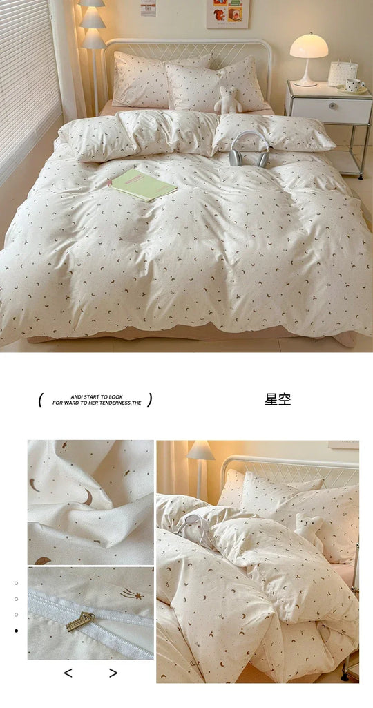 Queen Bedding Set Reactive Printed Bed Sheet Sets Washed Polyester Soft Duvet Cover Bed Sheet Pillowcase Cartoon Bedding Bed Set