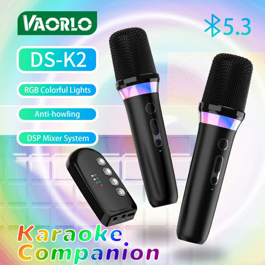 DS-K2 Karaoke Companion Bluetooth 5.3 Wireless Microphones with RGB Lights & DSP Mixer