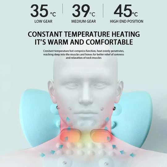 A multifunctional neck massager designed to heat and stretch the neck, back, and shoulders, providing deep relief for neck disco