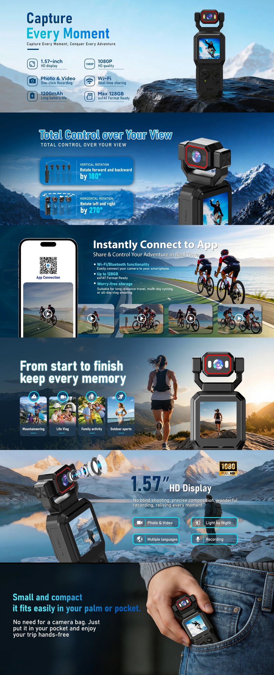 1080P Mini Portable Camera Rotatable Lens Handheld Vlog Recorder Compact Travel Video Camera 180° Adjustable Angle