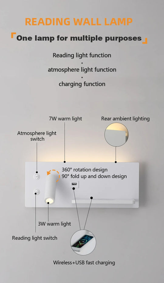 LED Wall Lamp Modern Multifunctional with Wireless Charging USB Interface Bedroom Night Light Indoor Decoration Lighting