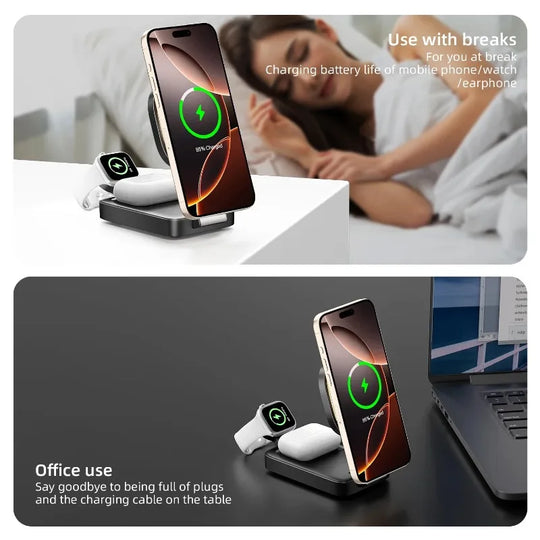 3 In 1 Magnetic Wireless Charger QI2 Folding Wireless Charging Station for Magsafe  iPhone 16 15 14 13 iWatch 9 8 7 AirPods Pro