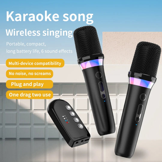 DS-K2 Karaoke Companion Bluetooth 5.3 Wireless Microphones with RGB Lights & DSP Mixer