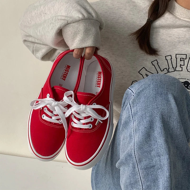 Casual Flats Canvas Sneakers Women Outdoor Solid Color Shallow Sports Shoes Tennis Female Streetwear Lace Up Vulcanize Shoes