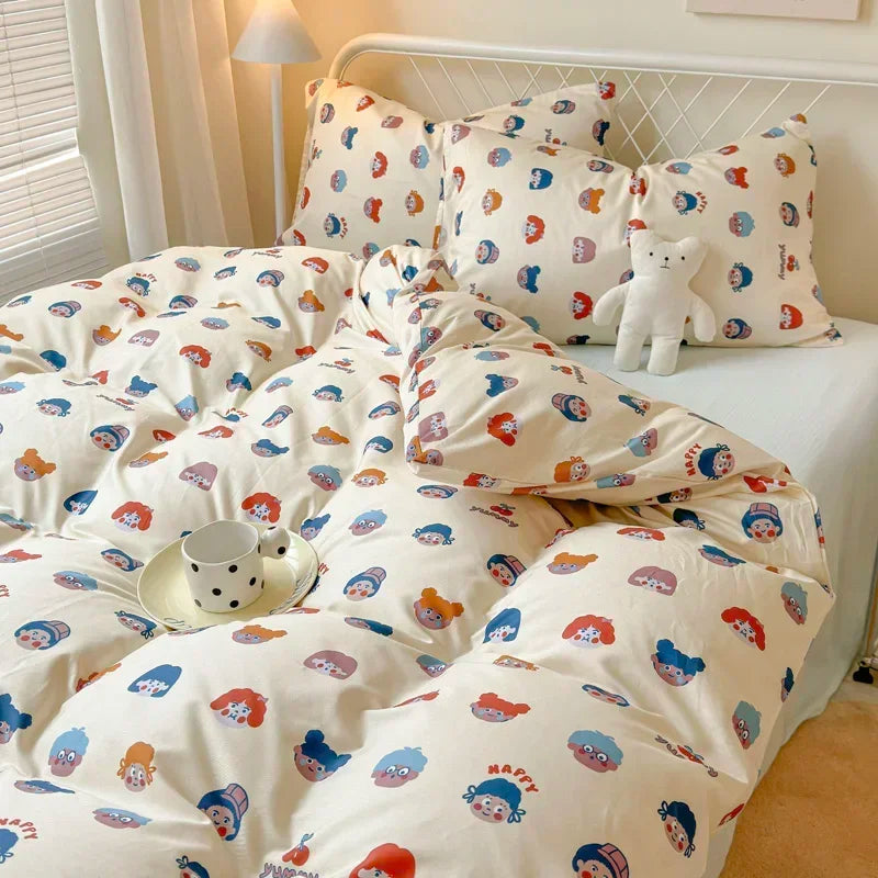 Queen Bedding Set Reactive Printed Bed Sheet Sets Washed Polyester Soft Duvet Cover Bed Sheet Pillowcase Cartoon Bedding Bed Set