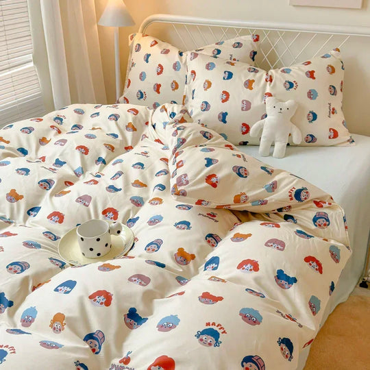 Queen Bedding Set Reactive Printed Bed Sheet Sets Washed Polyester Soft Duvet Cover Bed Sheet Pillowcase Cartoon Bedding Bed Set