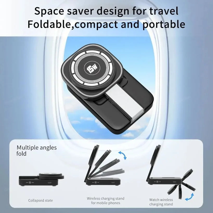 Foldable Magnetic Wireless Charger Station 3 in 1 Fast Charging Pad Stand For Magsafe iPhone 16 15 14 13 12 iWatch 9 8 Airpods