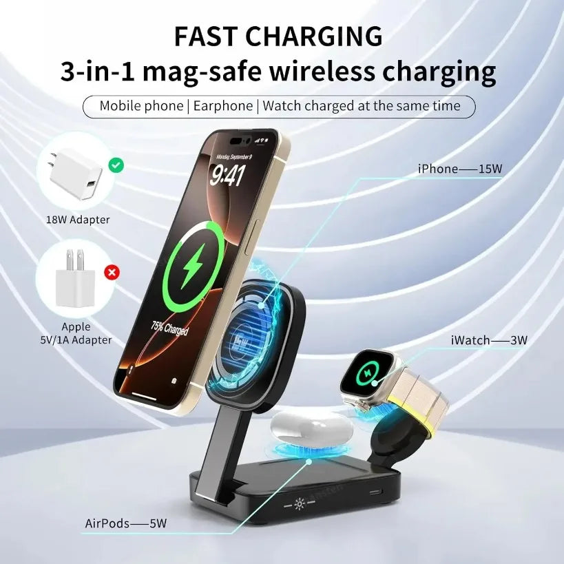 Foldable Magnetic Wireless Charger Station 3 in 1 Fast Charging Pad Stand For Magsafe iPhone 16 15 14 13 12 iWatch 9 8 Airpods