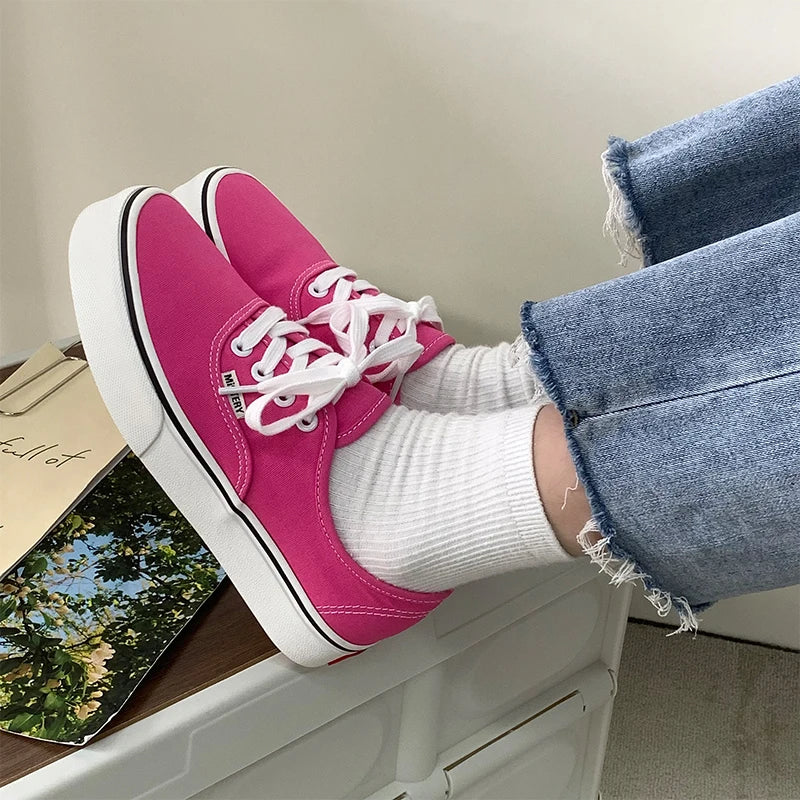 Casual Flats Canvas Sneakers Women Outdoor Solid Color Shallow Sports Shoes Tennis Female Streetwear Lace Up Vulcanize Shoes