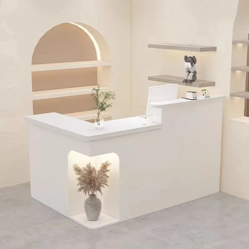 Modern LED Reception Desk with Tall Storage Cabinet