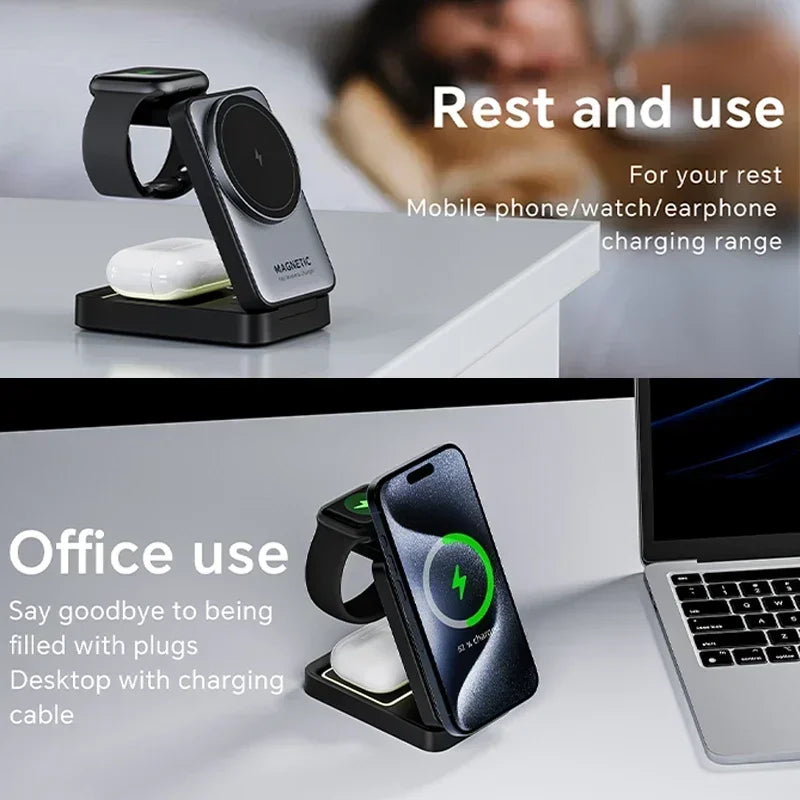 Foldable 3 In 1 Magnetic Wireless Charger Stand For Magsafe iPhone 16 15 14 13 12 iWatch 6 7 8 Airpods Pro Fast Charging Station