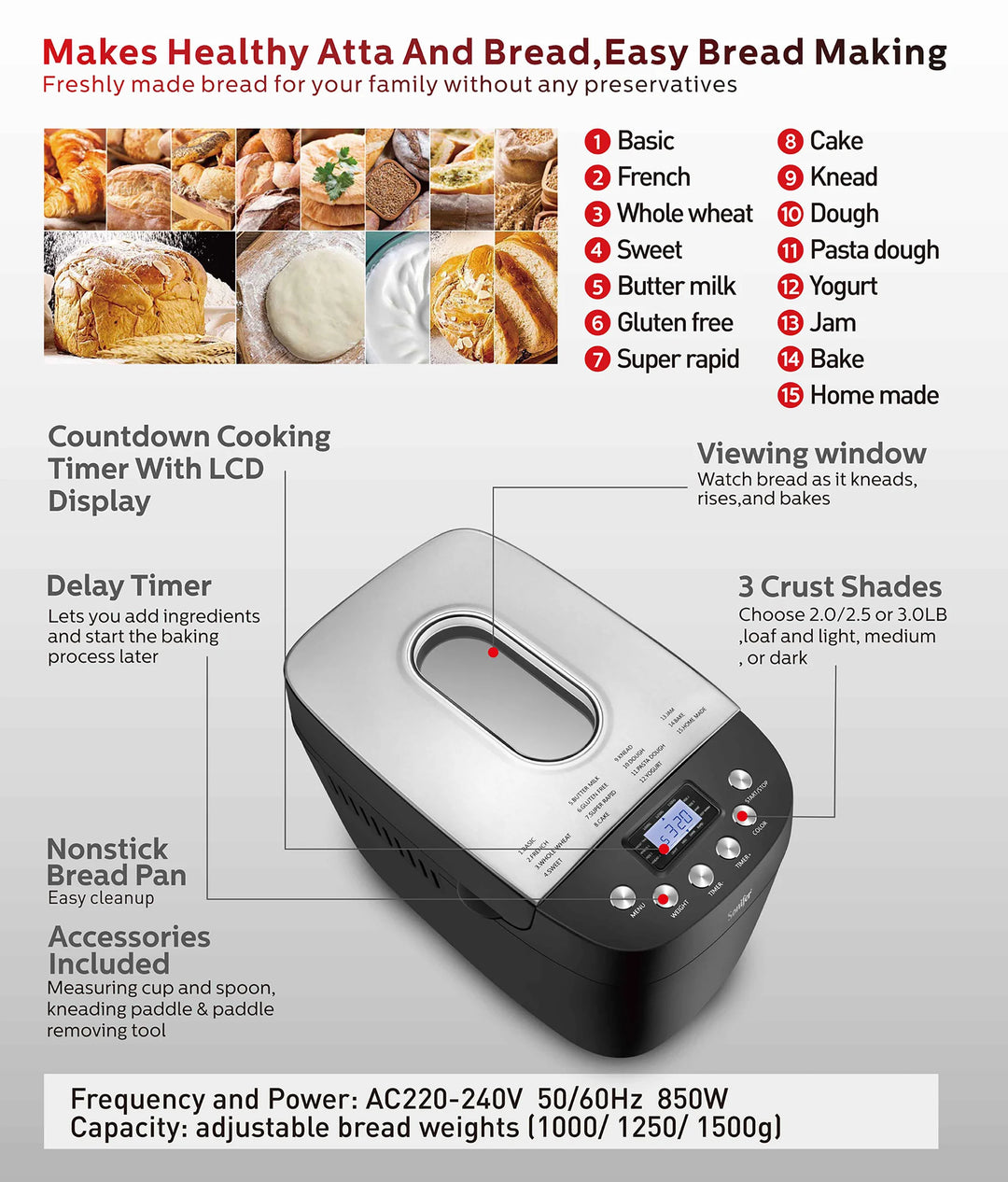 1.5kg Automatic Bread Machine 850w Programmable Bread Maker 15-hour Pre-set Timer Control Panel With Lcd Display Sonifer
