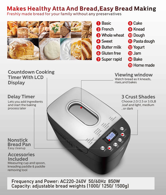 1.5kg Automatic Bread Machine 850w Programmable Bread Maker 15-hour Pre-set Timer Control Panel With Lcd Display Sonifer