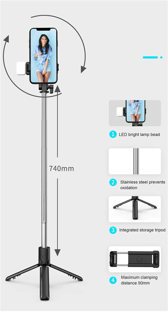3 In 1 Selfie Stick Bluetooth Remote Tripod with Fill Light Foldable Bracket for Cell Smartphones for Tiktok Video Live Holder