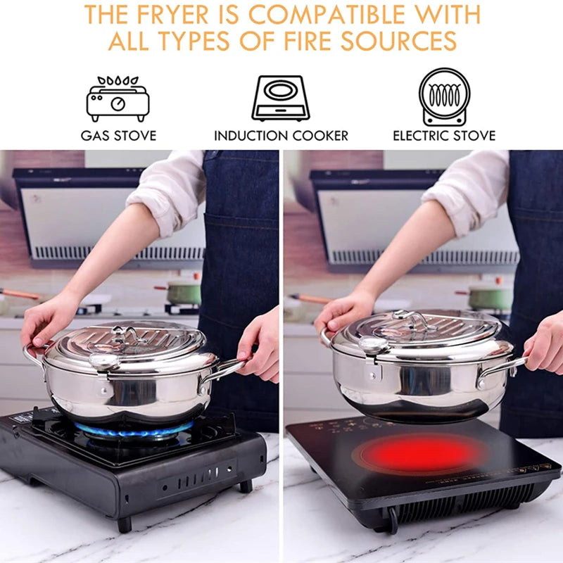 Japanese Deep Frying Pot with a Thermometer and a Lid 304 Stainless Steel Kitchen Tempura Fryer Pan 20/24cm Induction Heating Pa