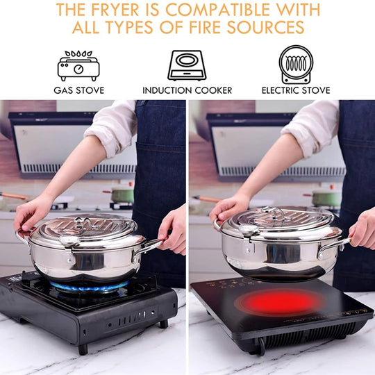 Japanese Deep Frying Pot with a Thermometer and a Lid 304 Stainless Steel Kitchen Tempura Fryer Pan 20/24cm Induction Heating Pa