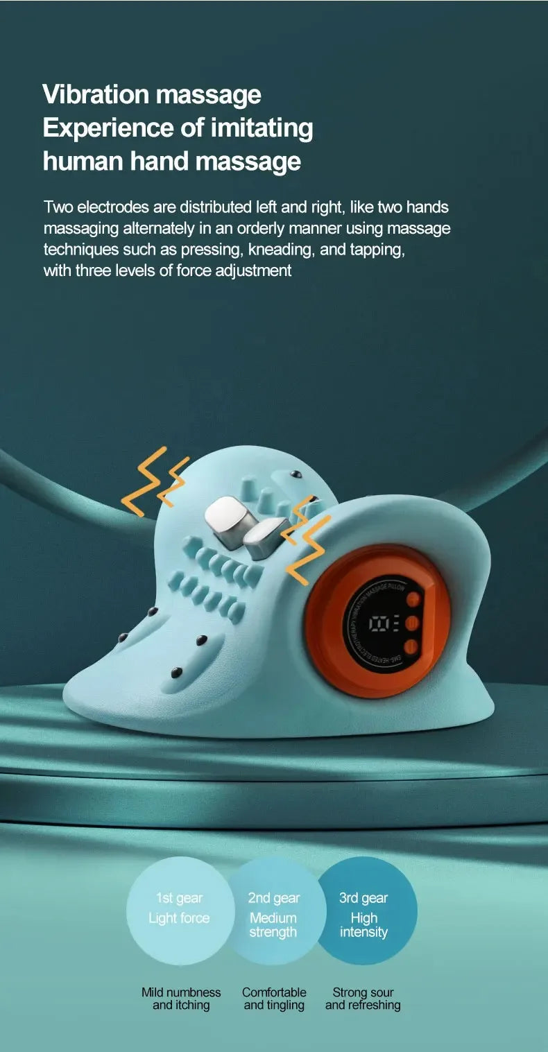 A multifunctional neck massager designed to heat and stretch the neck, back, and shoulders, providing deep relief for neck disco