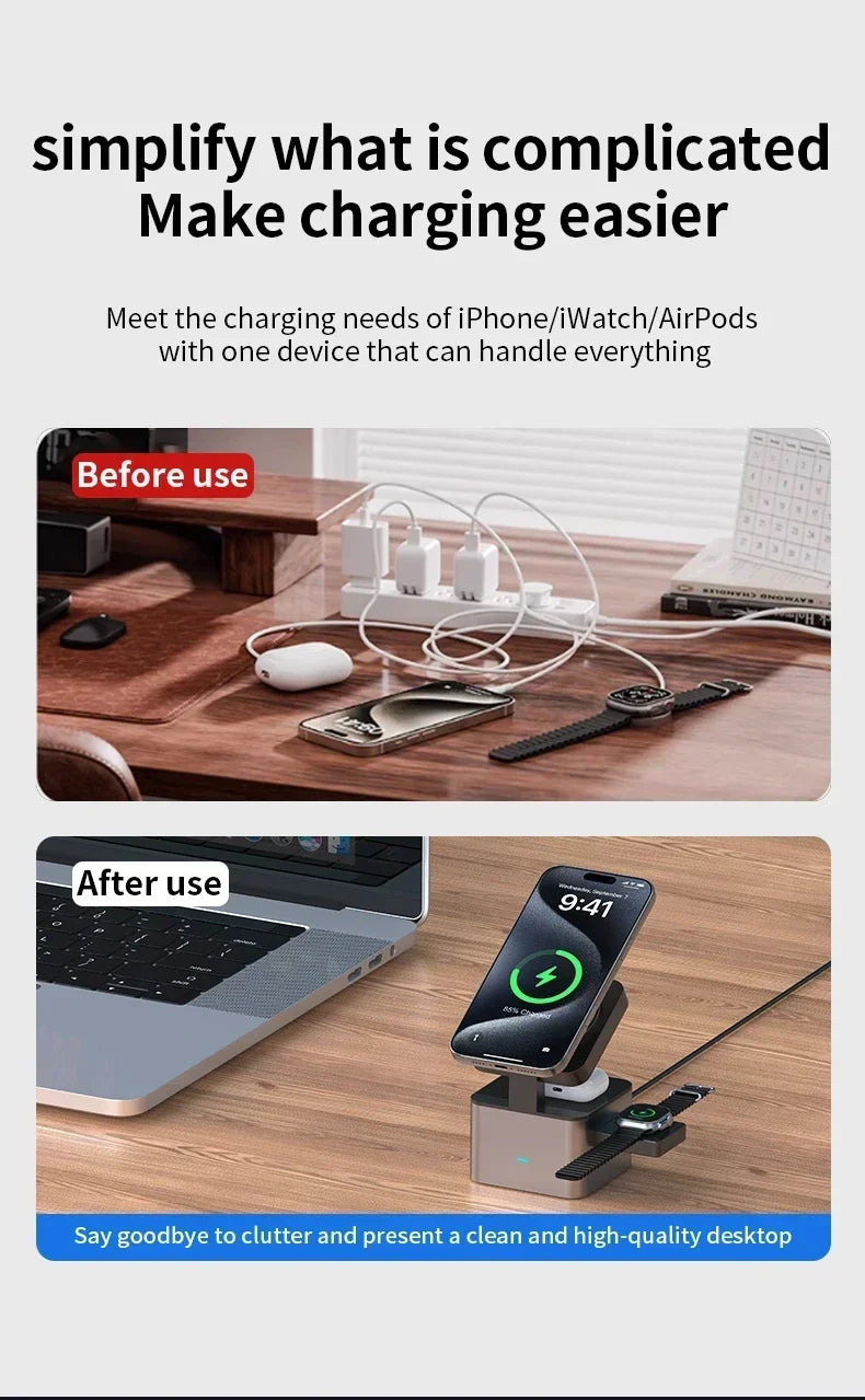 3 in 1 Wireless Charger Foldable Fast Charging Station Wireless Ice-Cooling Charger For iPhone 16 15 14 13 iWatch 9 8 7 Airpods
