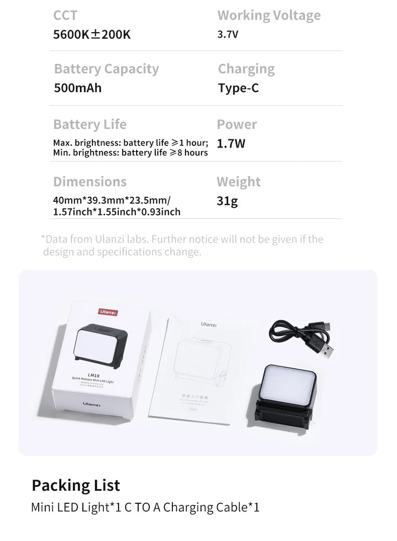 Ulanzi LM18 Led Video Fill Light IPX5 Waterproof  Magnetic 5600K for DJI Osmo Action 5/4/3 & Pocket 3 Action Camera Accessories
