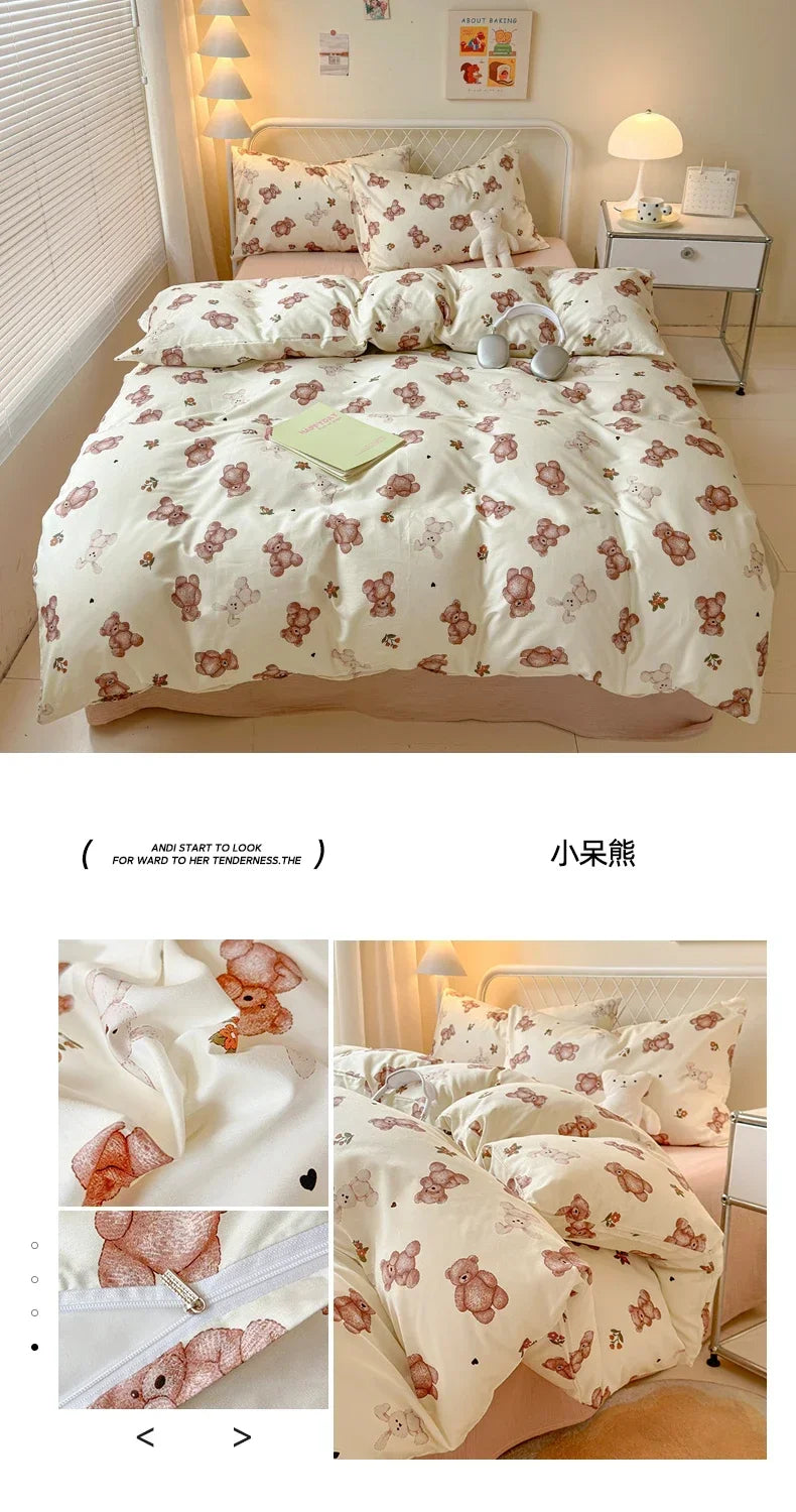 Queen Bedding Set Reactive Printed Bed Sheet Sets Washed Polyester Soft Duvet Cover Bed Sheet Pillowcase Cartoon Bedding Bed Set