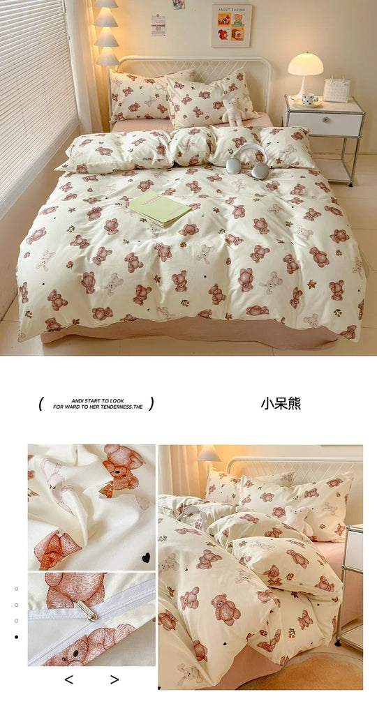 Queen Bedding Set Reactive Printed Bed Sheet Sets Washed Polyester Soft Duvet Cover Bed Sheet Pillowcase Cartoon Bedding Bed Set