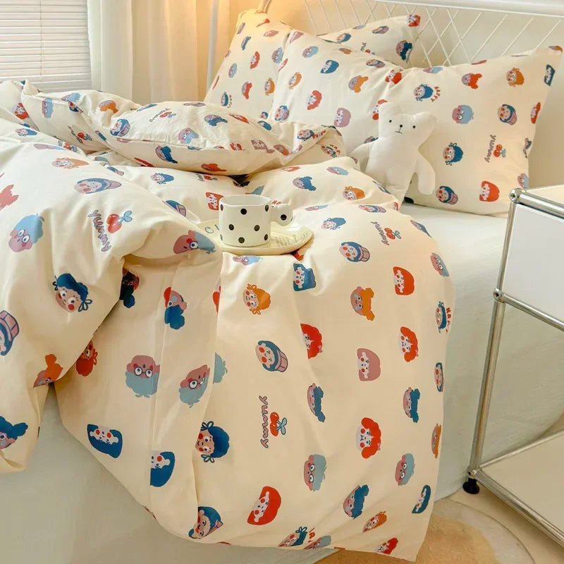 Queen Bedding Set Reactive Printed Bed Sheet Sets Washed Polyester Soft Duvet Cover Bed Sheet Pillowcase Cartoon Bedding Bed Set