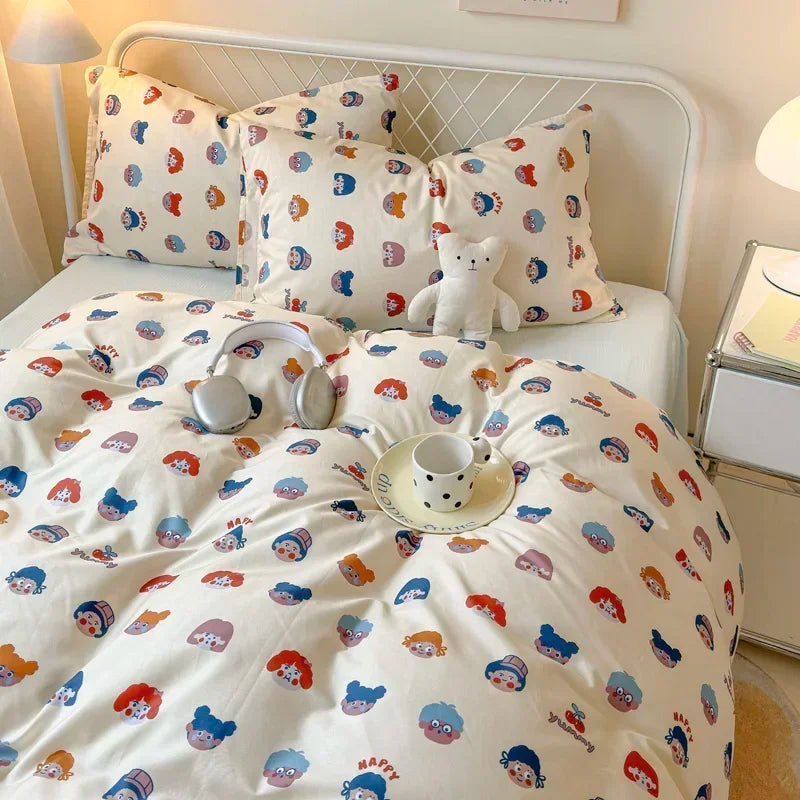 Queen Bedding Set Reactive Printed Bed Sheet Sets Washed Polyester Soft Duvet Cover Bed Sheet Pillowcase Cartoon Bedding Bed Set