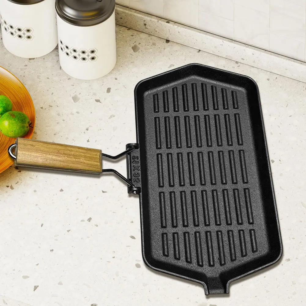 34X19cm Cast Iron Grill Pan Rectangular Frying Pan with Handle Skillet for Induction Cooker for Hiking Picnic Cooking