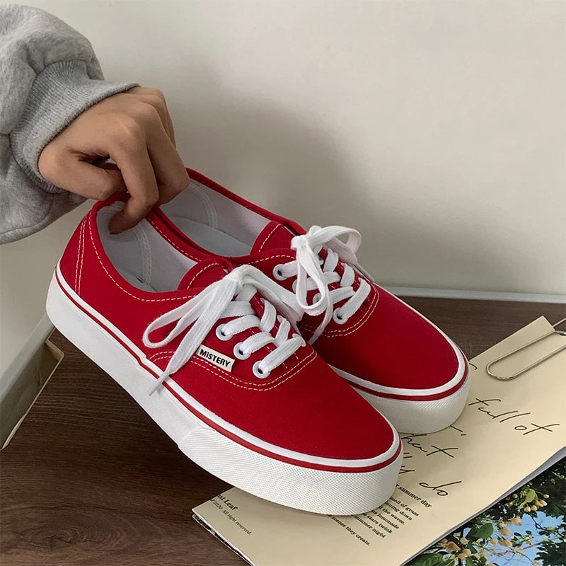 Casual Flats Canvas Sneakers Women Outdoor Solid Color Shallow Sports Shoes Tennis Female Streetwear Lace Up Vulcanize Shoes