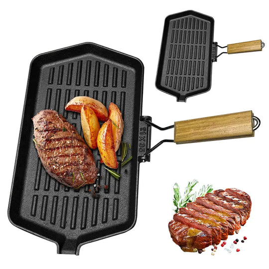 34X19cm Cast Iron Grill Pan Rectangular Frying Pan with Handle Skillet for Induction Cooker for Hiking Picnic Cooking