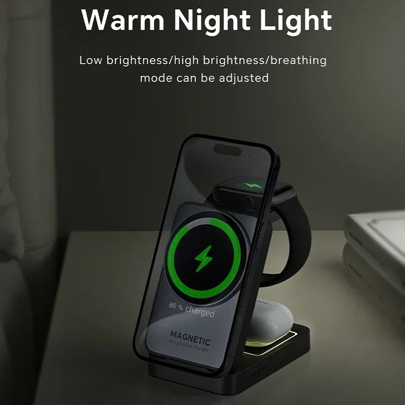 Foldable 3 In 1 Magnetic Wireless Charger Stand For Magsafe iPhone 16 15 14 13 12 iWatch 6 7 8 Airpods Pro Fast Charging Station