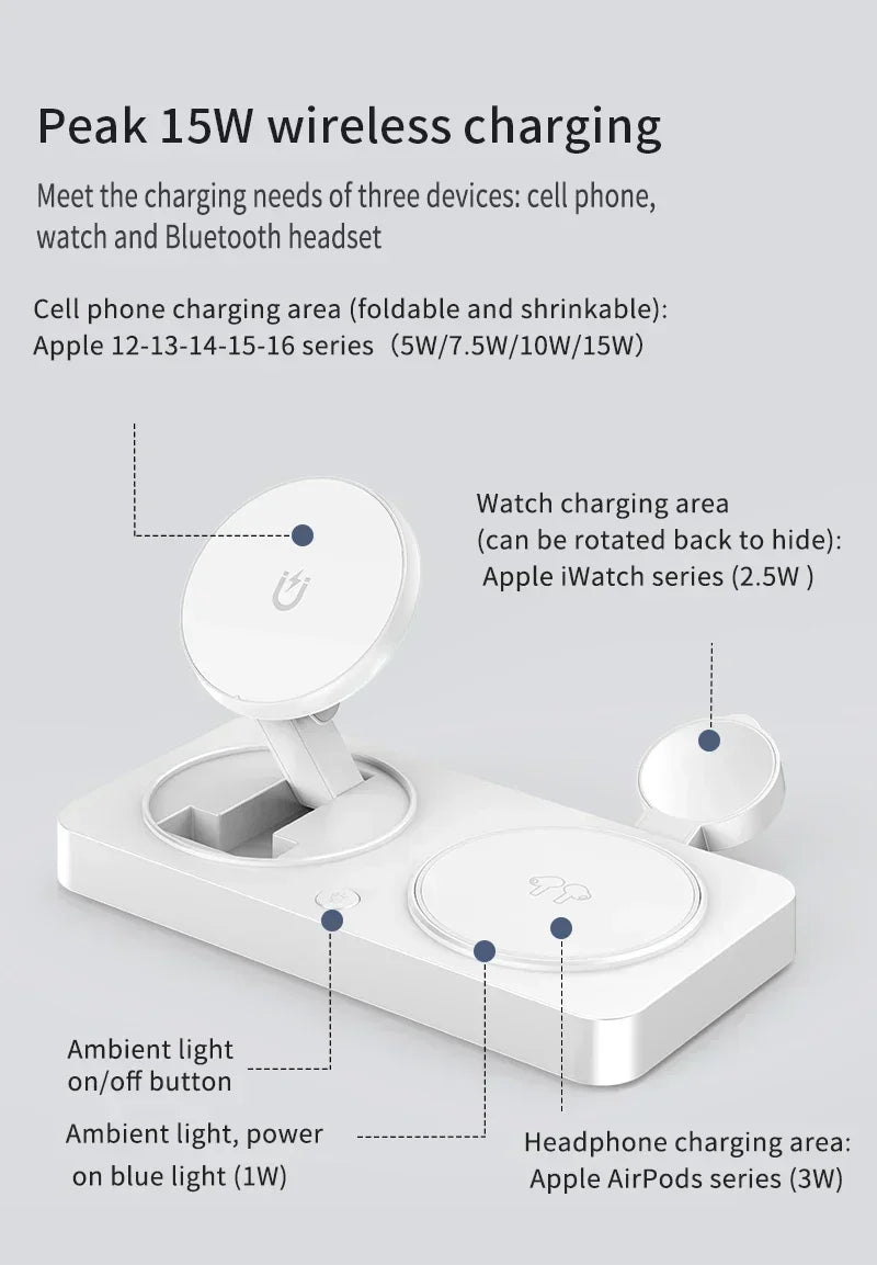 3 in 1 Magnetic Wireless Charger Foldable Phone Stand Fast Charging Station For iPhone 16 15 14 Pro Max iWatch 10 9 Airpods Pro2