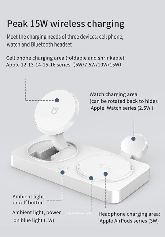 3 in 1 Magnetic Wireless Charger Foldable Phone Stand Fast Charging Station For iPhone 16 15 14 Pro Max iWatch 10 9 Airpods Pro2