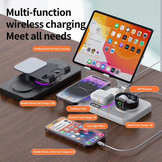 4-in-1 Wireless Charging Station Foldable Multi-function Magnetic Phone Stand Fast Charger For iPhone 16 15 iPad iWatch AirPods