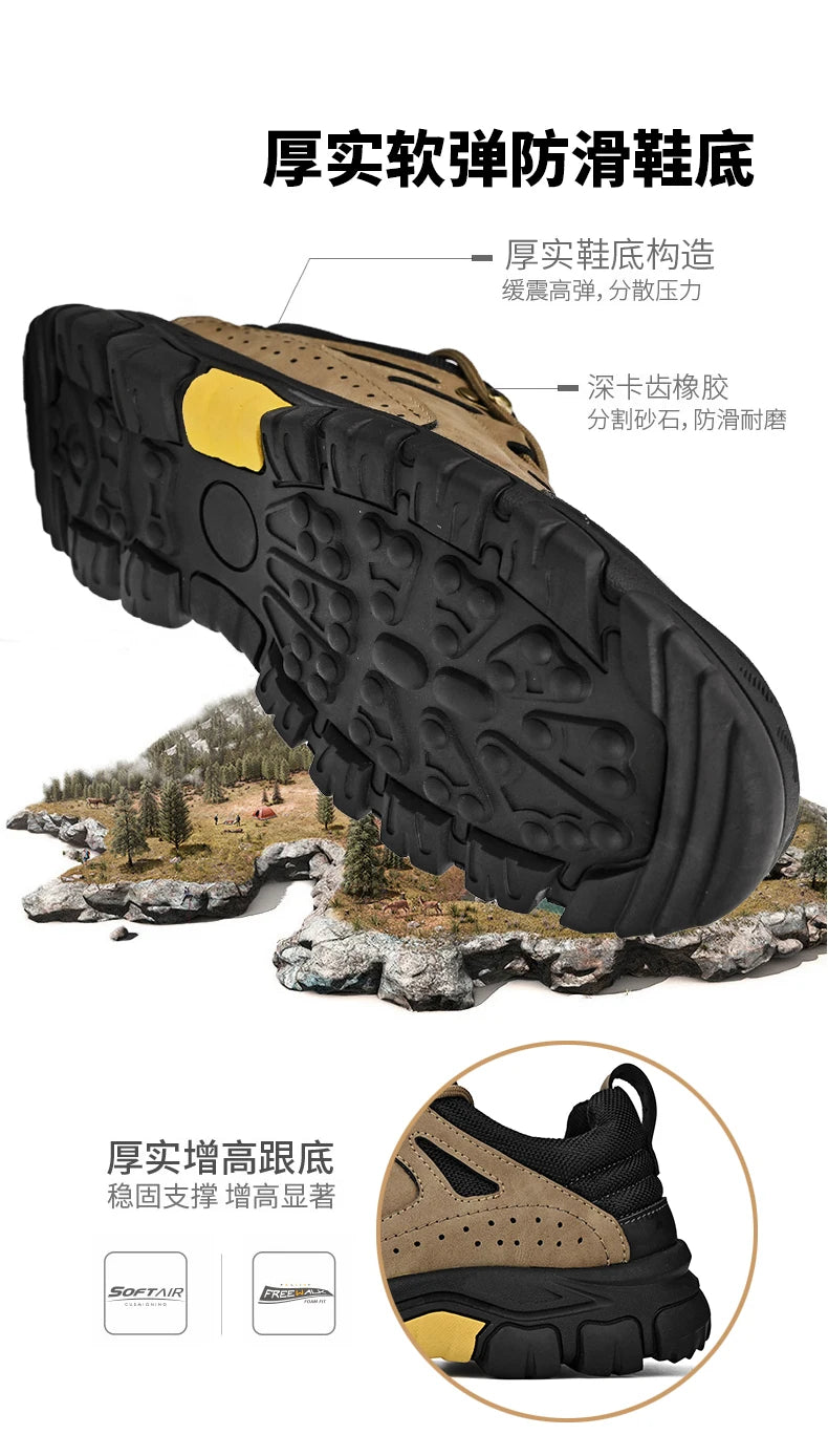 Men's Leather Outdoor Lace Up Anti Slip Sports Shoes Comfortable  Lightweight Hiking Shoes Casual  Breathable Hiking Shoes