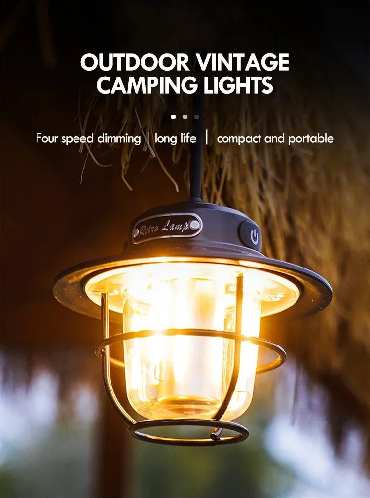 LED Camping Lamp Retro Hanging Lamp Portable Stepless Dimming Camping Light Waterproof Rechargeable Outdoor Light Lantern