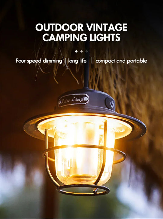 LED Camping Lamp Retro Hanging Lamp Portable Stepless Dimming Camping Light Waterproof Rechargeable Outdoor Light Lantern