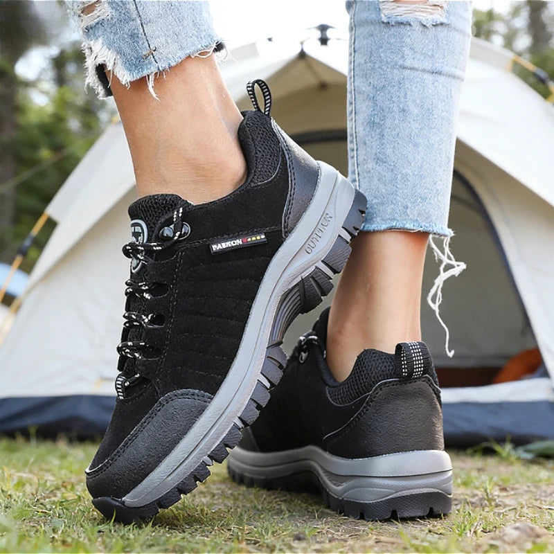 Suede Leather Women Hiking Shoes All-terrain Sneakers Breathable Wear-resistant Mesh Non-slip Hiking Shoes Outdoor Cycling Shoes