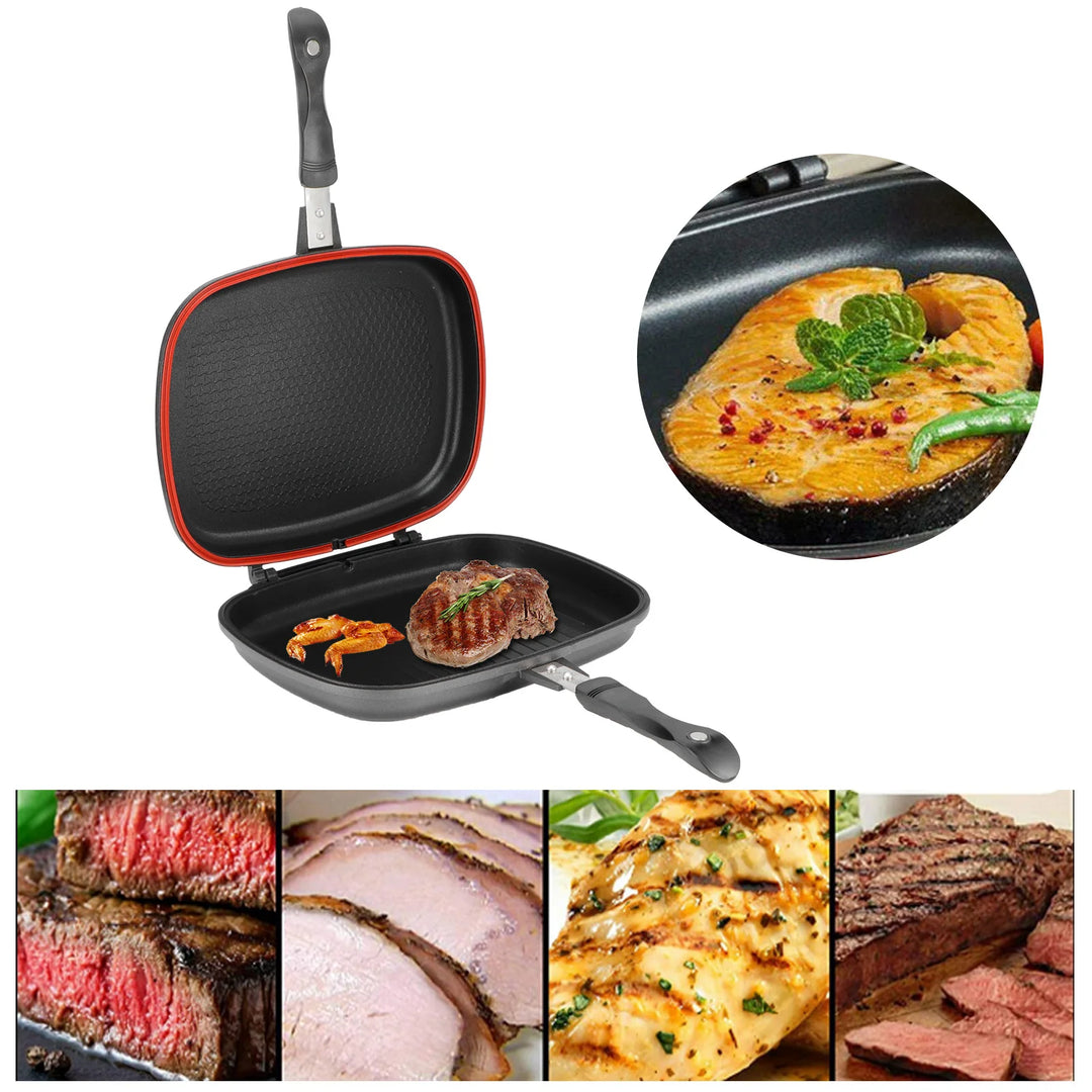 Double Side Pan Grill Pan Frying Double Side Portable Anti‑Burn Handle Kitchen Supplies Grill Pot 32cm/12.6in Pan Portable Pan