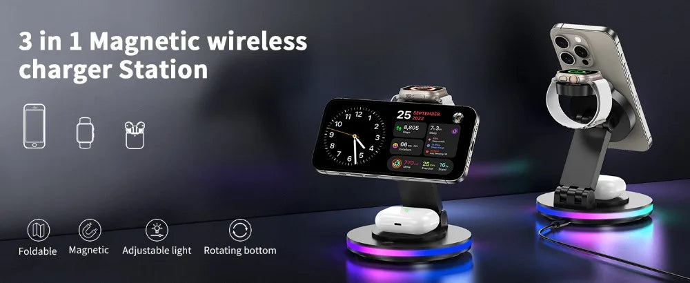 Magnetic Wireless Charging Station for iPhone 16 15 14 Foldable Rotating Light Adjustment 3-in-1 15W Fast Mag-Safe Charger Stand