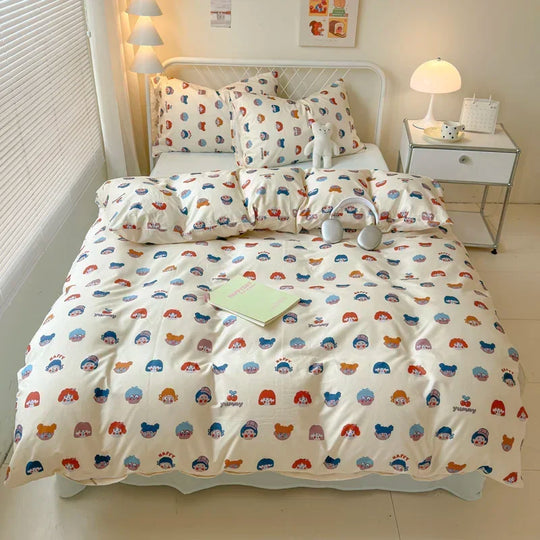 Queen Bedding Set Reactive Printed Bed Sheet Sets Washed Polyester Soft Duvet Cover Bed Sheet Pillowcase Cartoon Bedding Bed Set