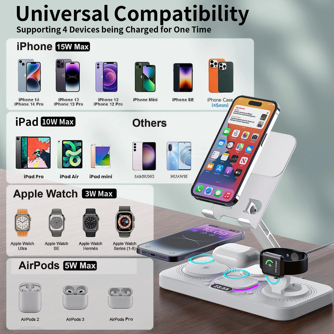 4-in-1 Wireless Charging Station Foldable Multi-function Magnetic Phone Stand Fast Charger For iPhone 16 15 iPad iWatch AirPods