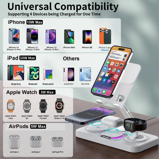 4-in-1 Wireless Charging Station Foldable Multi-function Magnetic Phone Stand Fast Charger For iPhone 16 15 iPad iWatch AirPods