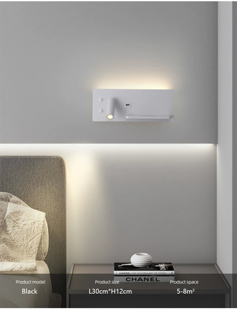 LED Wall Lamp Modern Multifunctional with Wireless Charging USB Interface Bedroom Night Light Indoor Decoration Lighting