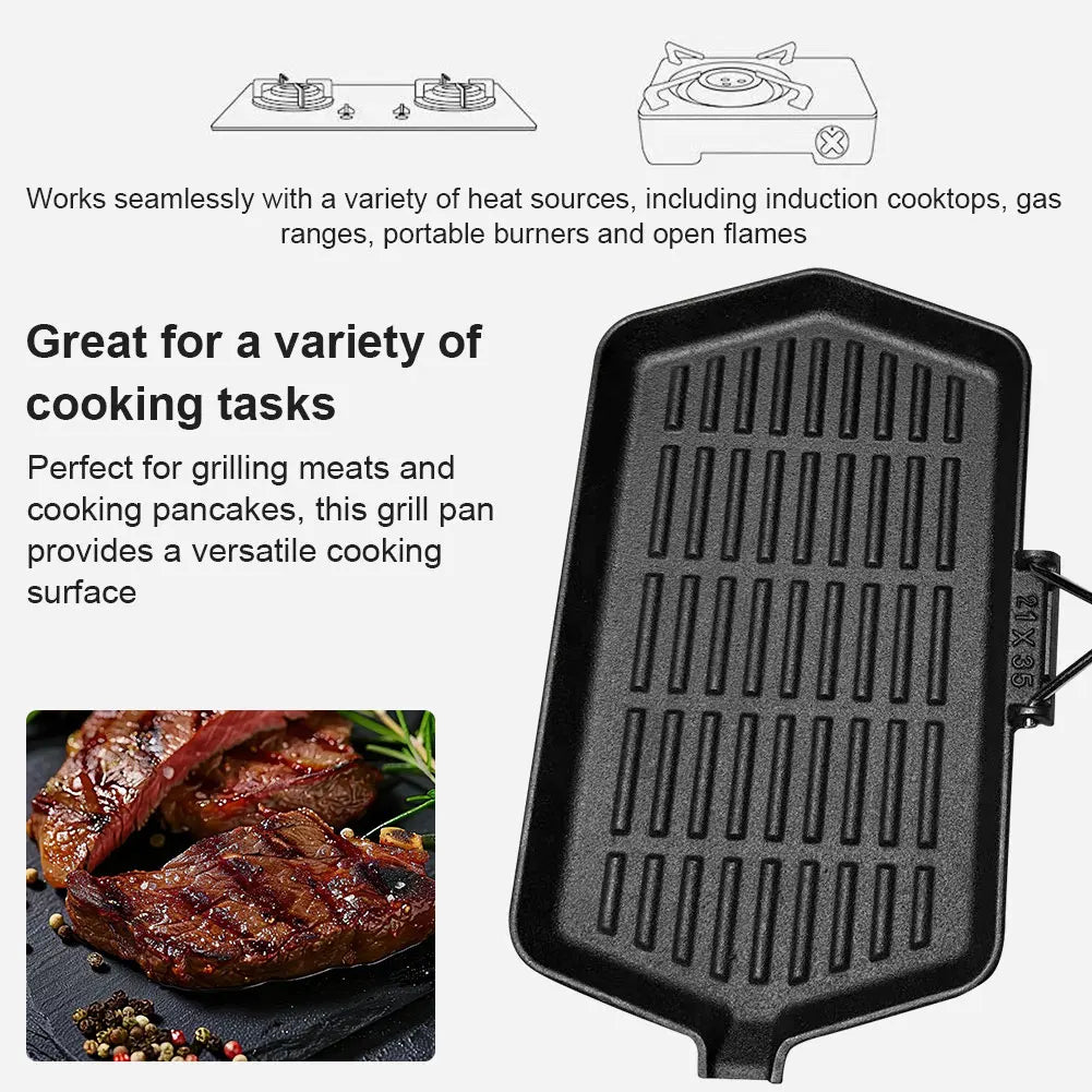 34X19cm Cast Iron Grill Pan Rectangular Frying Pan with Handle Skillet for Induction Cooker for Hiking Picnic Cooking