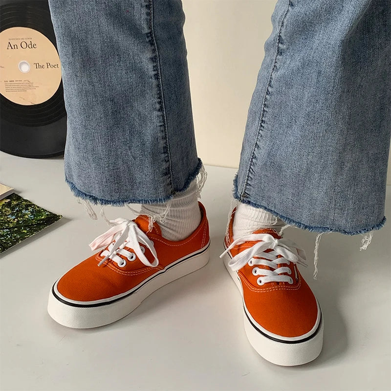 Casual Flats Canvas Sneakers Women Outdoor Solid Color Shallow Sports Shoes Tennis Female Streetwear Lace Up Vulcanize Shoes