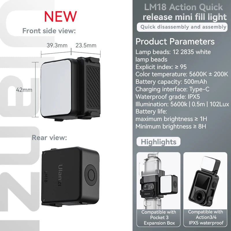 Ulanzi LM18 Led Video Fill Light IPX5 Waterproof  Magnetic 5600K for DJI Osmo Action 5/4/3 & Pocket 3 Action Camera Accessories